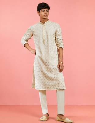 Boys off white rayon sequin embroidery kurta pyjama set 1