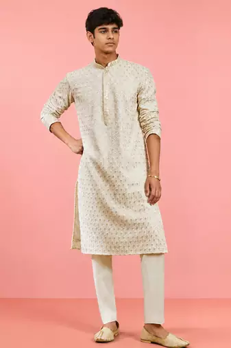 Boys off white rayon sequin embroidery kurta pyjama set