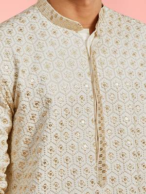 Boys off white rayon sequin embroidery kurta pyjama set 2