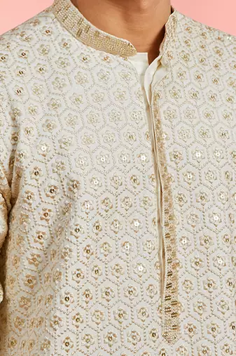 Boys off white rayon sequin embroidery kurta pyjama set