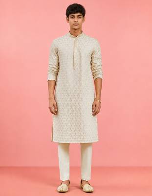 Boys off white rayon sequin embroidery kurta pyjama set 3