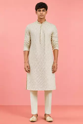 Boys off white rayon sequin embroidery kurta pyjama set