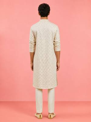 Boys off white rayon sequin embroidery kurta pyjama set 4