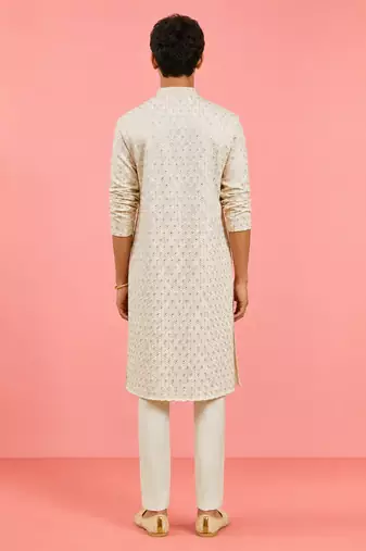 Boys off white rayon sequin embroidery kurta pyjama set