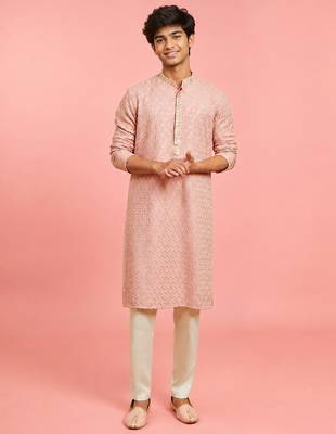 Boys peach rayon sequin embroidery kurta pyjama set 1