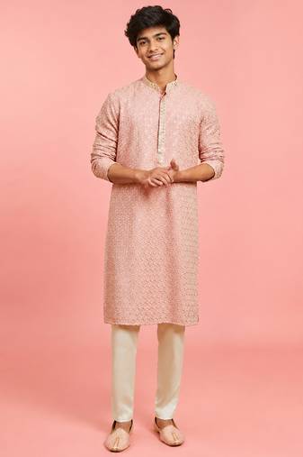 Boys peach rayon sequin embroidery kurta pyjama set