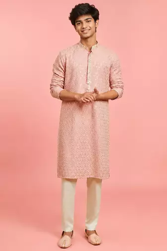 Boys peach rayon sequin embroidery kurta pyjama set