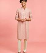 Boys peach rayon sequin embroidery kurta pyjama set