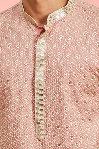Boys peach rayon sequin embroidery kurta pyjama set