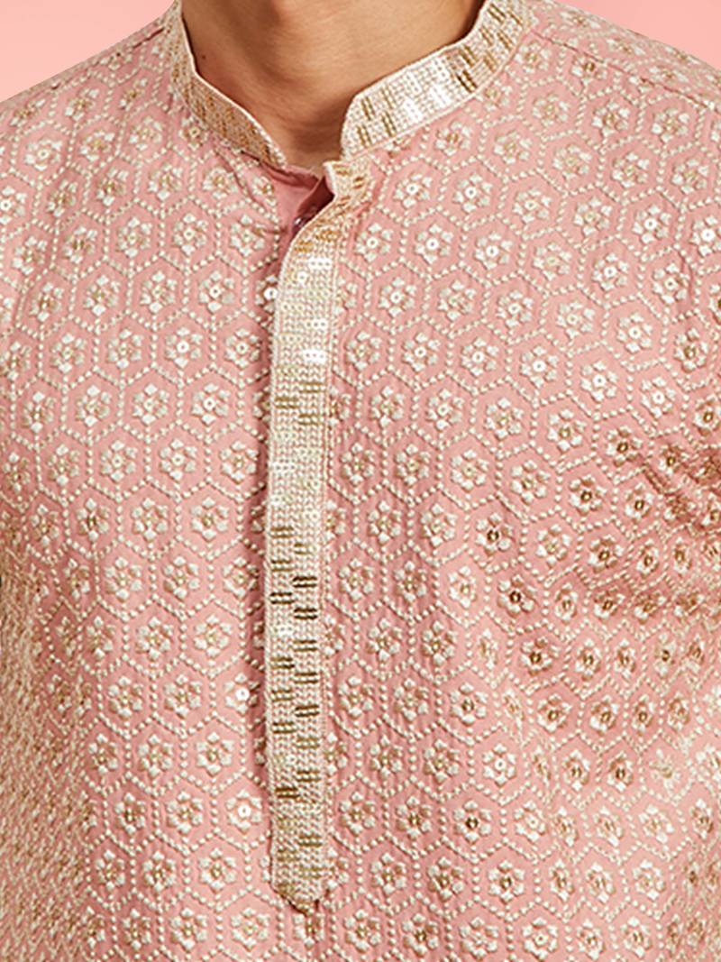Boys peach rayon sequin embroidery kurta pyjama set