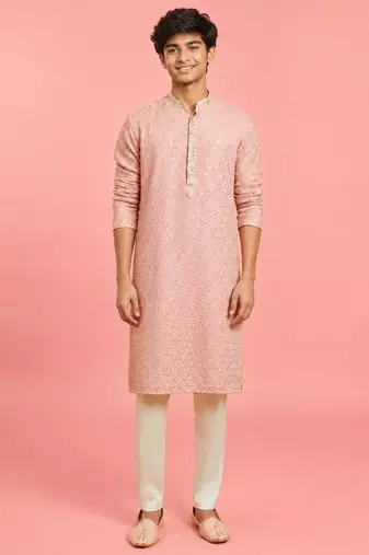 Boys peach rayon sequin embroidery kurta pyjama set