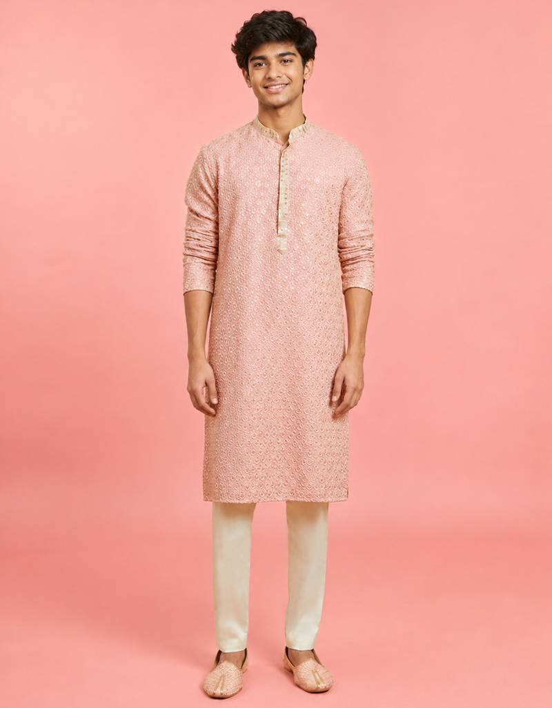 Boys peach rayon sequin embroidery kurta pyjama set