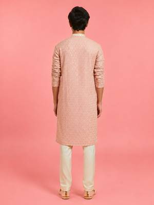 Boys peach rayon sequin embroidery kurta pyjama set 4