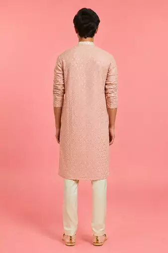 Boys peach rayon sequin embroidery kurta pyjama set