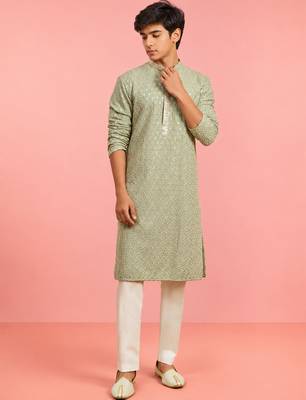 Boys pista green rayon sequin embroidery kurta pyjama set 1