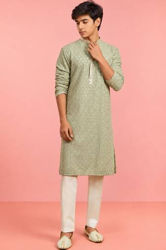 Boys pista green rayon sequin embroidery kurta pyjama set