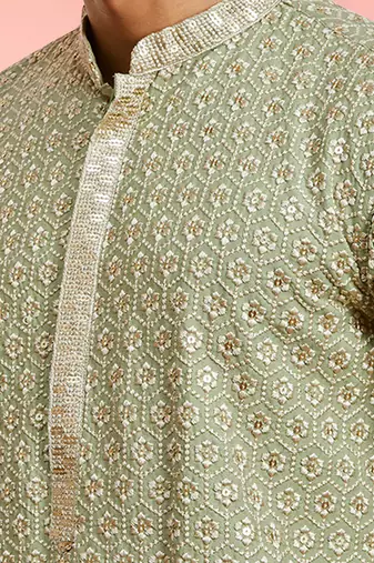 Boys pista green rayon sequin embroidery kurta pyjama set