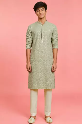 Boys pista green rayon sequin embroidery kurta pyjama set
