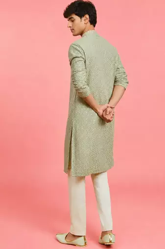 Boys pista green rayon sequin embroidery kurta pyjama set