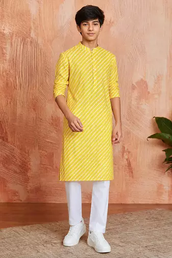 Boys yellow sequin print kurta pyjama set