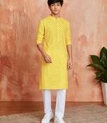 Boys yellow sequin print kurta pyjama set