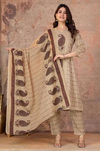 Multicolor cotton straight kurti-pant-dupatta set