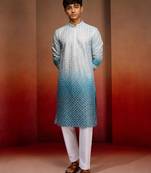 Boys aqua cotton ombre embroidery kurta pyjama set