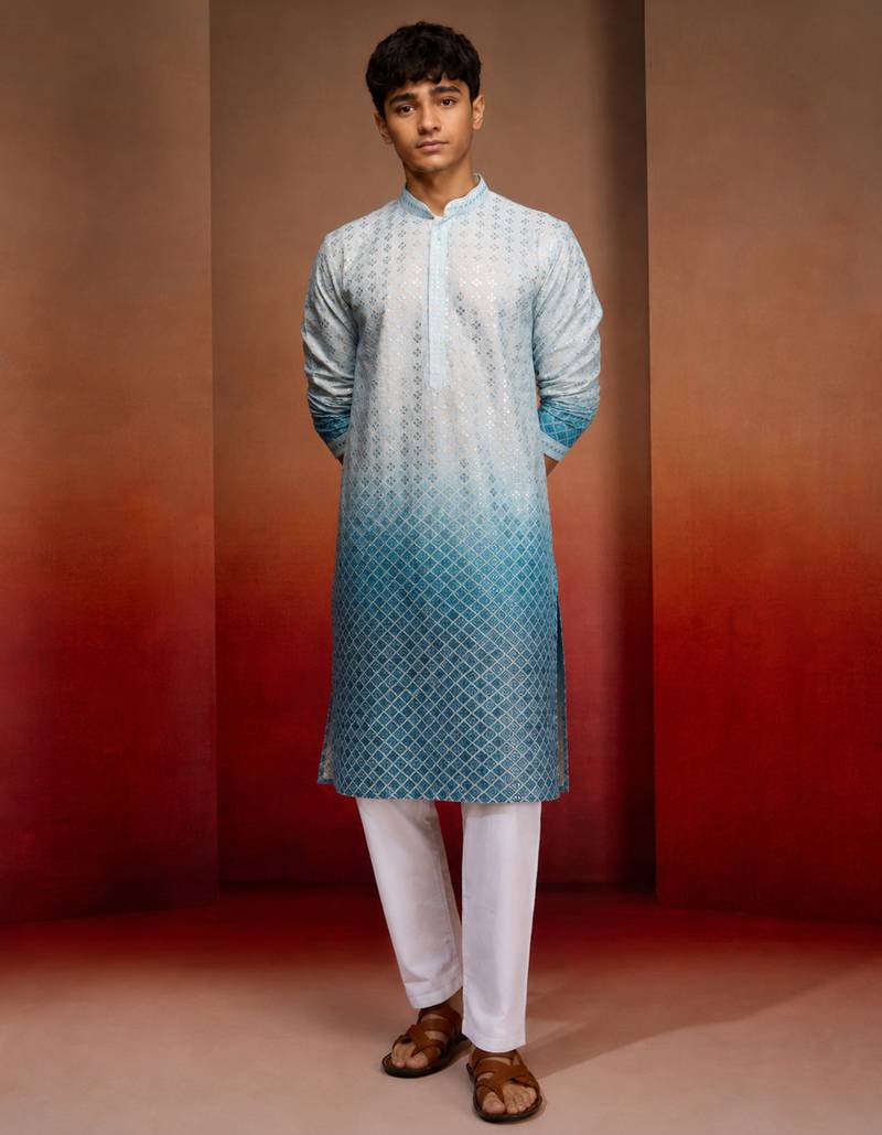 Boys aqua cotton ombre embroidery kurta pyjama set