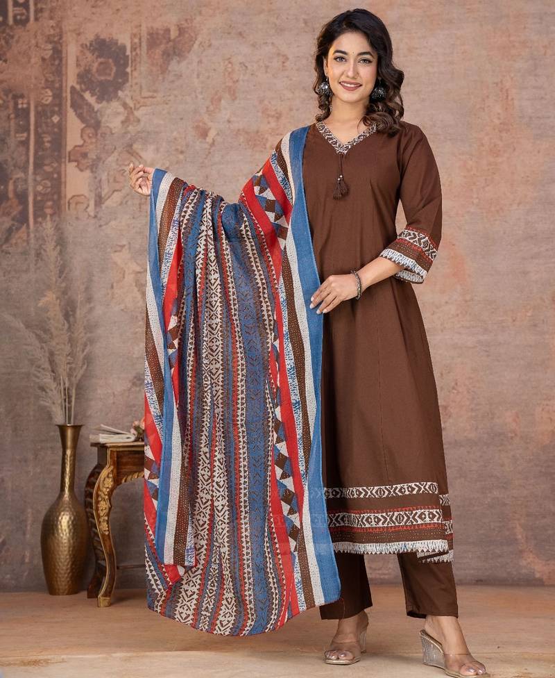 Brown cotton anarkali kurti-pant-dupatta set