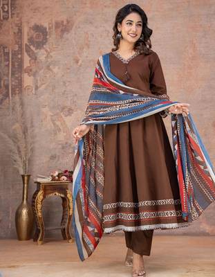 Brown cotton anarkali kurti-pant-dupatta set 3