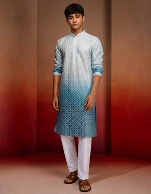 Boys aqua cotton ombre embroidery kurta pyjama set 3
