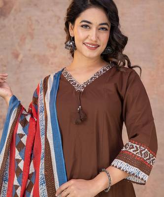 Brown cotton anarkali kurti-pant-dupatta set 4
