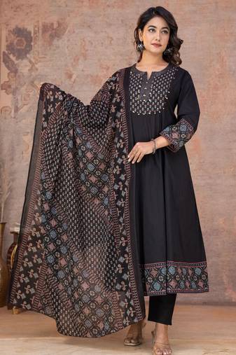 Black cotton anarkali kurti-pant-dupatta set