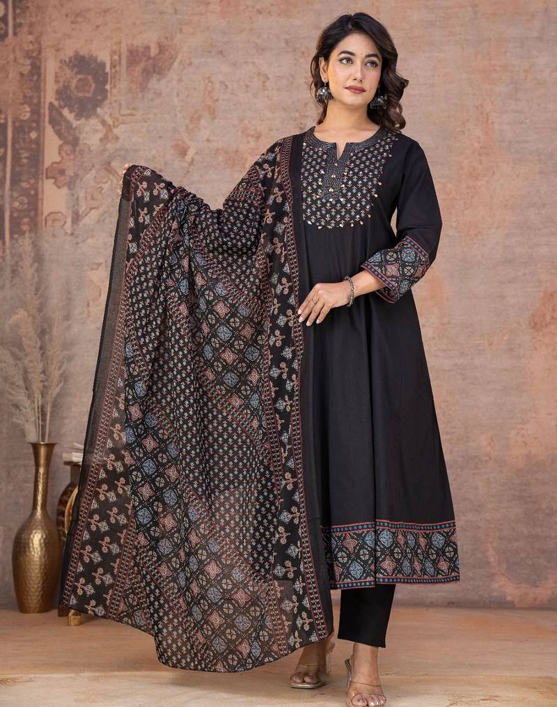 Black cotton anarkali kurti-pant-dupatta set