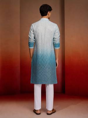 Boys aqua cotton ombre embroidery kurta pyjama set 4