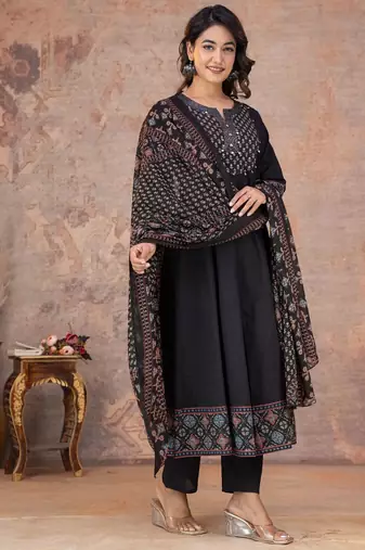 Black cotton anarkali kurti-pant-dupatta set