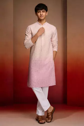Boys onion pink cotton ombre embroidery kurta pyjama set