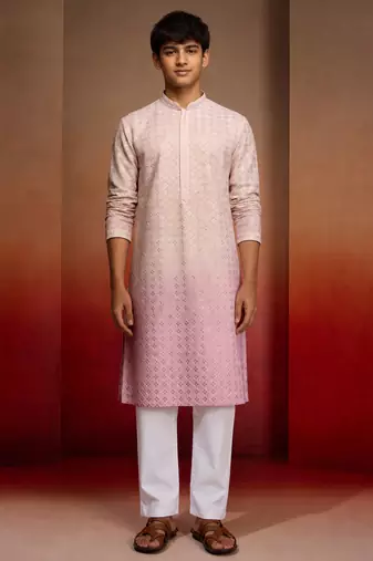 Boys onion pink cotton ombre embroidery kurta pyjama set