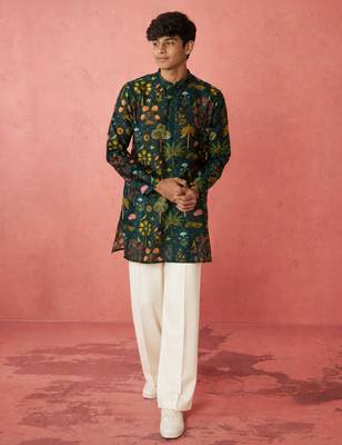 Boys bottle green muslin digital print kurta flare pant set 1