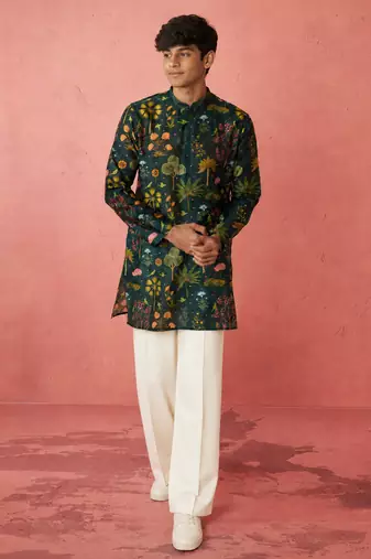 Boys bottle green muslin digital print kurta flare pant set