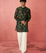 Boys bottle green muslin digital print kurta flare pant set