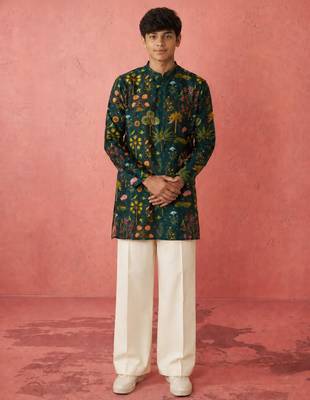 Boys bottle green muslin digital print kurta flare pant set 3