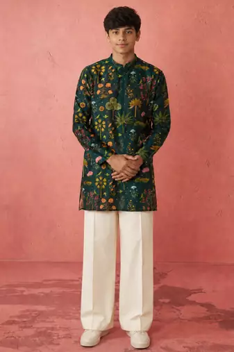 Boys bottle green muslin digital print kurta flare pant set