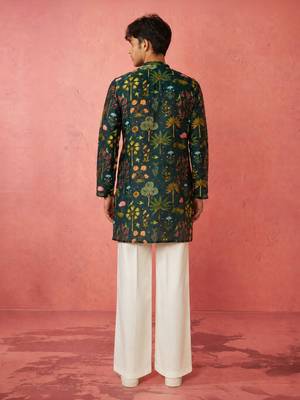 Boys bottle green muslin digital print kurta flare pant set 4