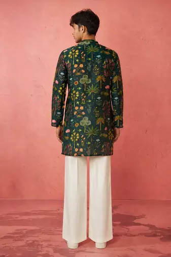 Boys bottle green muslin digital print kurta flare pant set