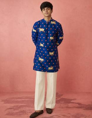Boys blue sequin print kurta pyjama set 1