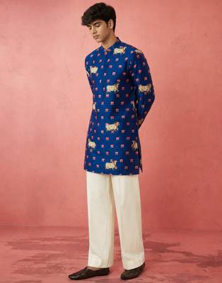 Boys blue sequin print kurta pyjama set 3