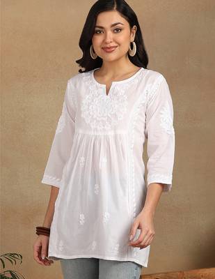 Women white floral  embroidered lucknowi chikankari pure cotton short kurta 1