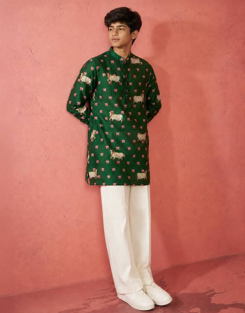 Boys green rayon digital print kurta flare pant set