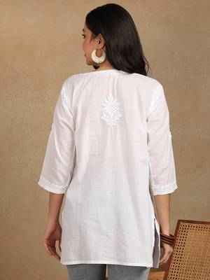Women white floral  embroidered lucknowi chikankari pure cotton short kurta 2